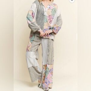 Patchwork Set Gray Wide Leg pats and Matching shirt Joggers